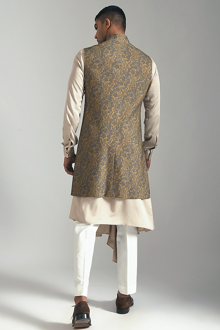 Ochre Textured Cotton Silk Printed Nehru Jacket by Dhruv Vaish at Pernia's Pop Up Shop