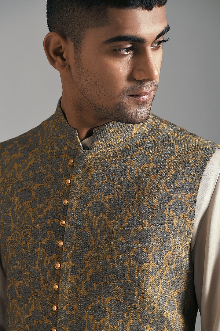 Ochre Textured Cotton Silk Printed Nehru Jacket by Dhruv Vaish at Pernia's Pop Up Shop