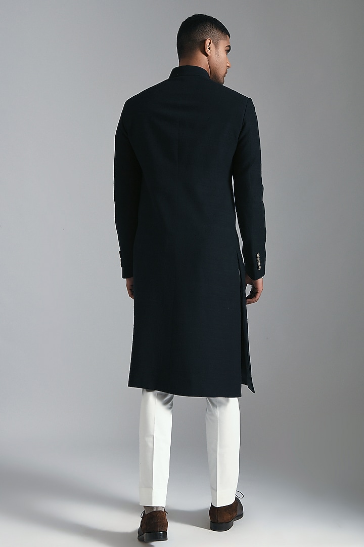 Nero-Colored Silk Paneled Wedding Sherwani Set by Dhruv Vaish at Pernia's Pop Up Shop