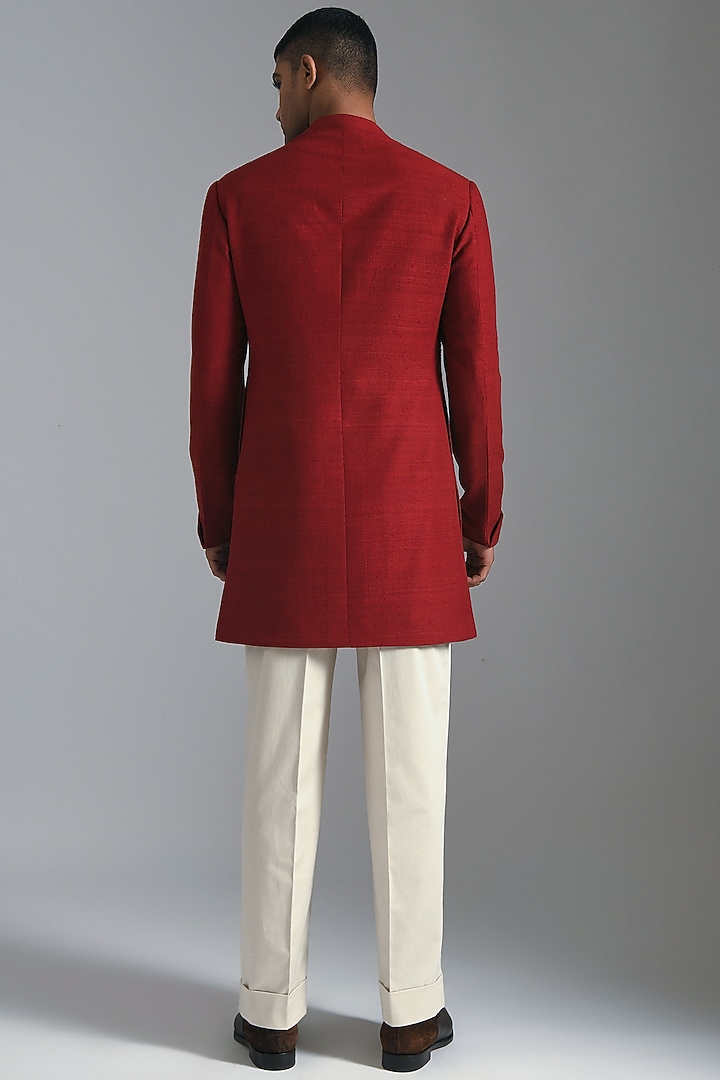 Ruby Red Silk Groom Sherwani by Dhruv Vaish at Pernia's Pop Up Shop