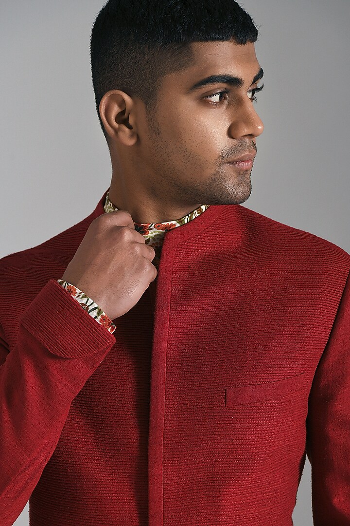 Ruby Red Silk Groom Sherwani by Dhruv Vaish at Pernia's Pop Up Shop