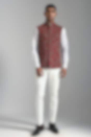 Ruby Red Embroidered Nehru Jacket by Dhruv Vaish