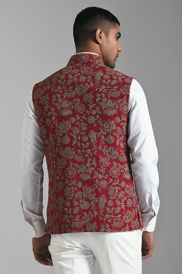 Ruby Red Silk Embroidered Nehru Jacket by Dhruv Vaish at Pernia's Pop Up Shop
