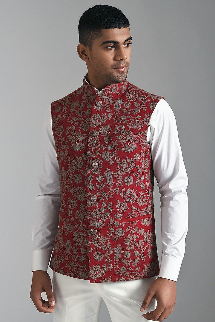 Ruby Red Silk Embroidered Nehru Jacket by Dhruv Vaish at Pernia's Pop Up Shop