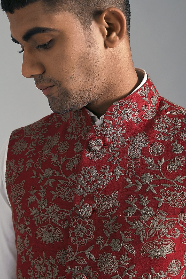Ruby Red Silk Embroidered Nehru Jacket by Dhruv Vaish at Pernia's Pop Up Shop