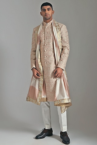 Cream & Pink Cotton Silk Chanderi Stole by Dhruv Vaish