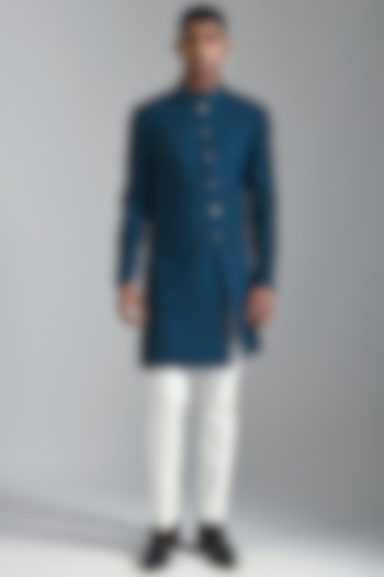 Carbon Blue Embroidered Sherwani by Dhruv Vaish