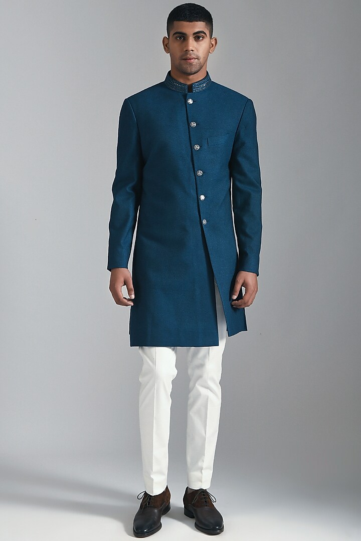 Carbon Blue Embroidered Sherwani by Dhruv Vaish
