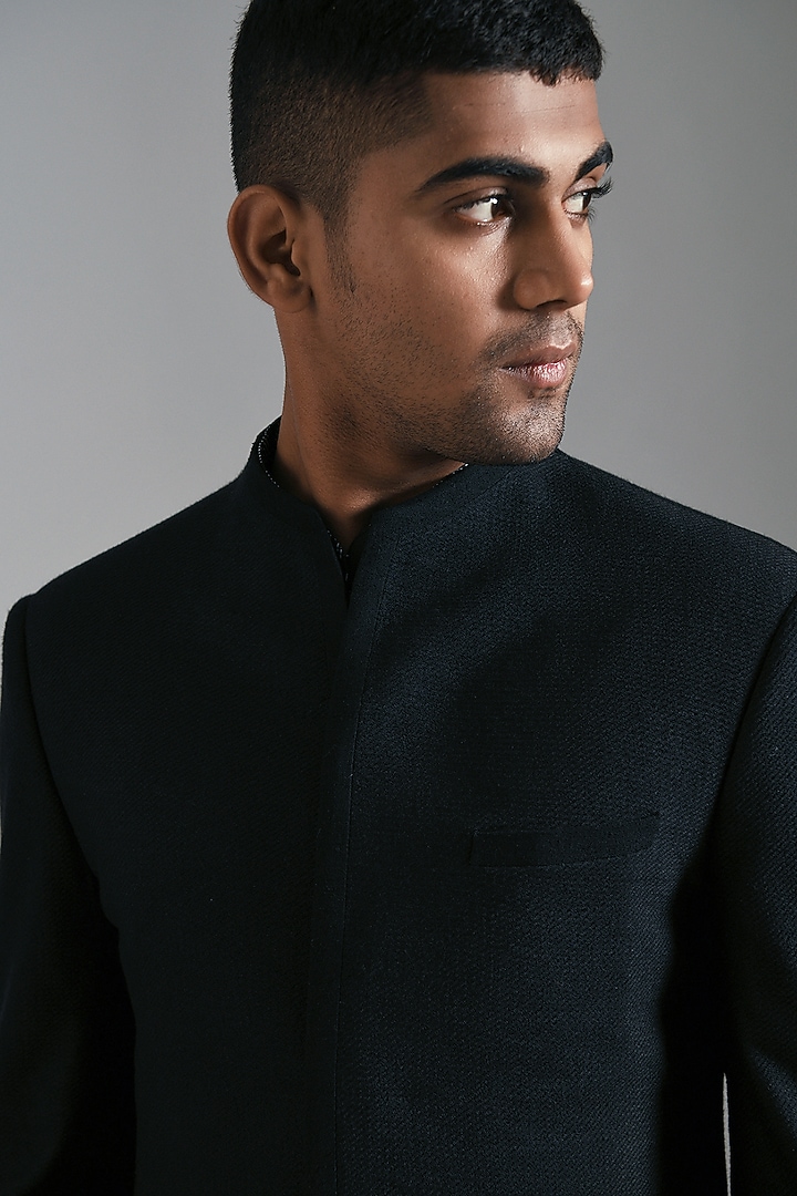 Black Cotton Silk Textured Wedding Bandhgala by Dhruv Vaish at Pernia's Pop Up Shop