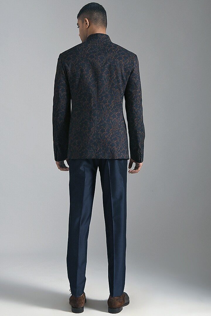 Indigo Blue Cotton Silk Printed Wedding Bandhgala by Dhruv Vaish at Pernia's Pop Up Shop