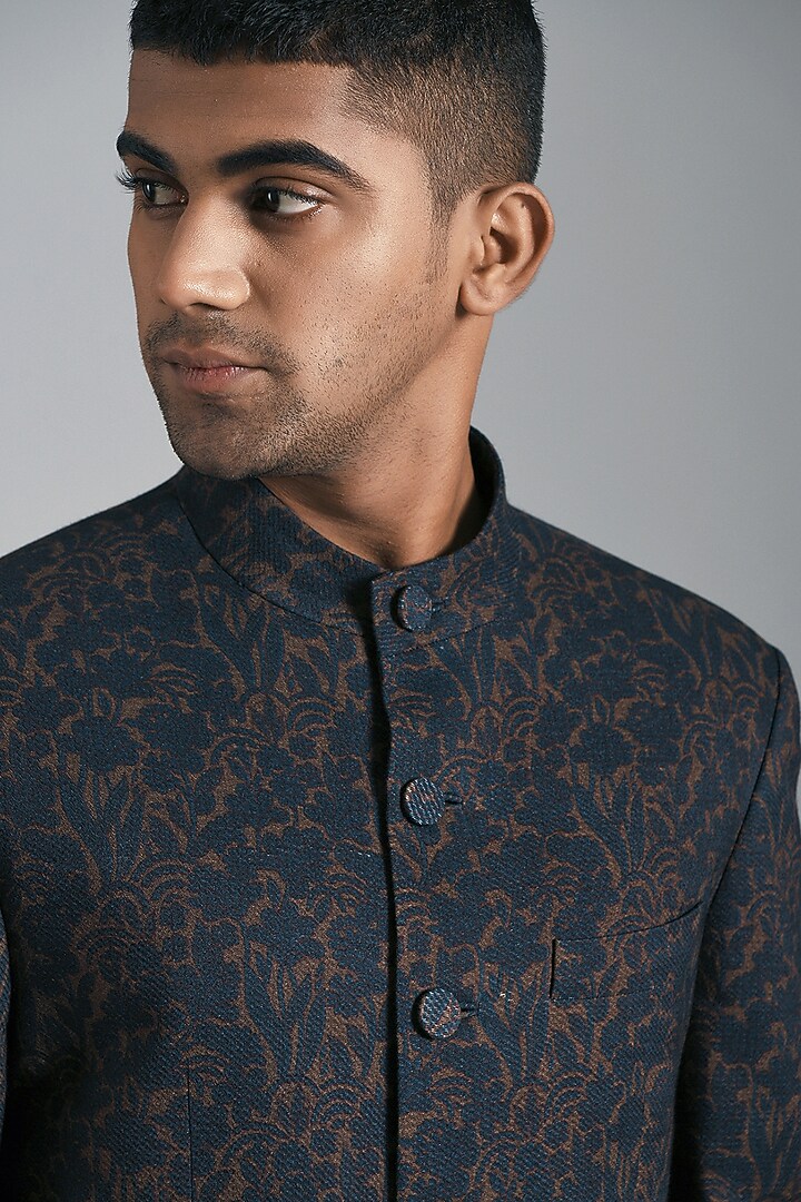 Indigo Blue Cotton Silk Printed Wedding Bandhgala by Dhruv Vaish at Pernia's Pop Up Shop