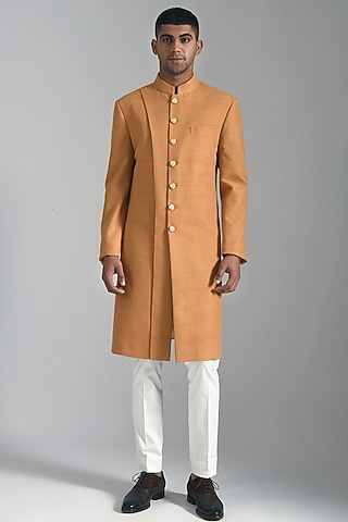 Ochre Silk Embroidered Paneled Sherwani Set by Dhruv Vaish