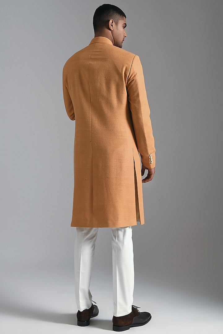 Ochre Silk Embroidered Paneled Wedding Sherwani Set by Dhruv Vaish at Pernia's Pop Up Shop