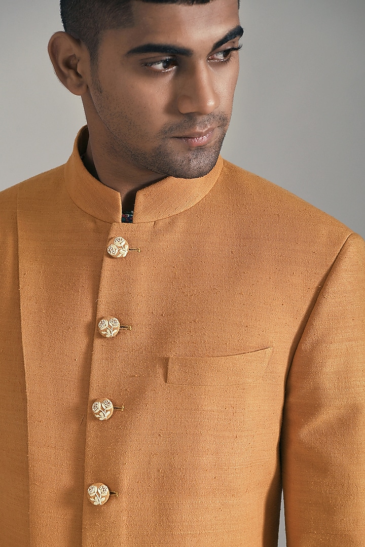 Ochre Silk Embroidered Paneled Wedding Sherwani Set by Dhruv Vaish at Pernia's Pop Up Shop