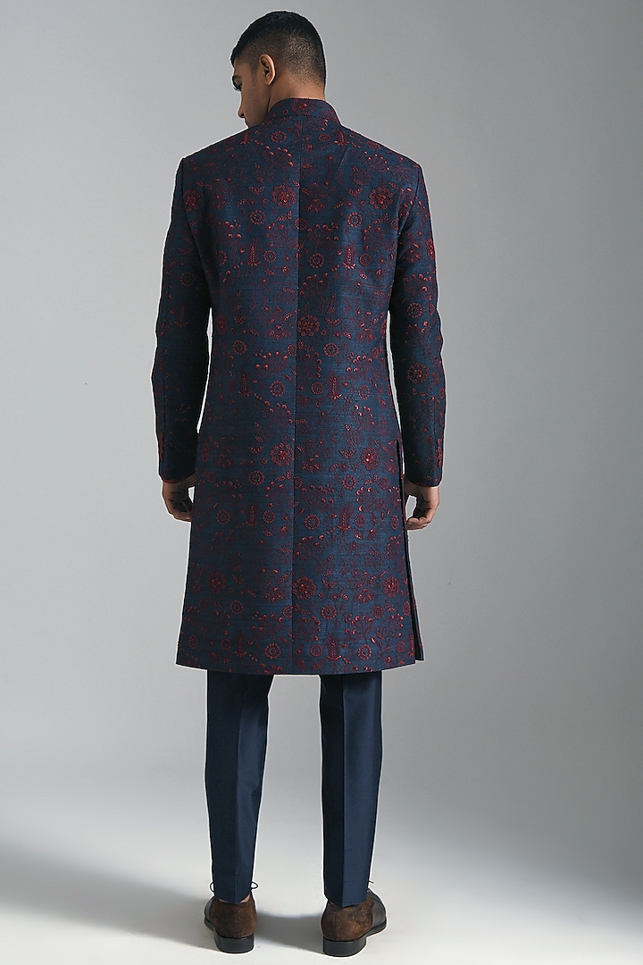 Navy Blue Silk Hand Embroidered Groom Sherwani Set by Dhruv Vaish at Pernia's Pop Up Shop