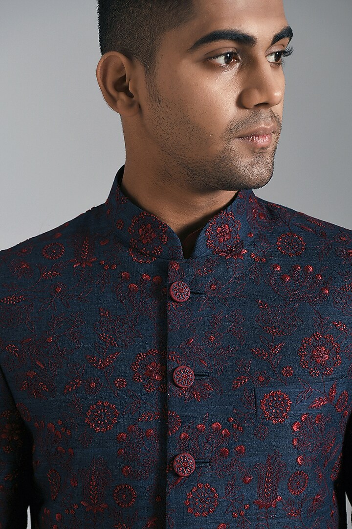Navy Blue Silk Hand Embroidered Groom Sherwani Set by Dhruv Vaish at Pernia's Pop Up Shop