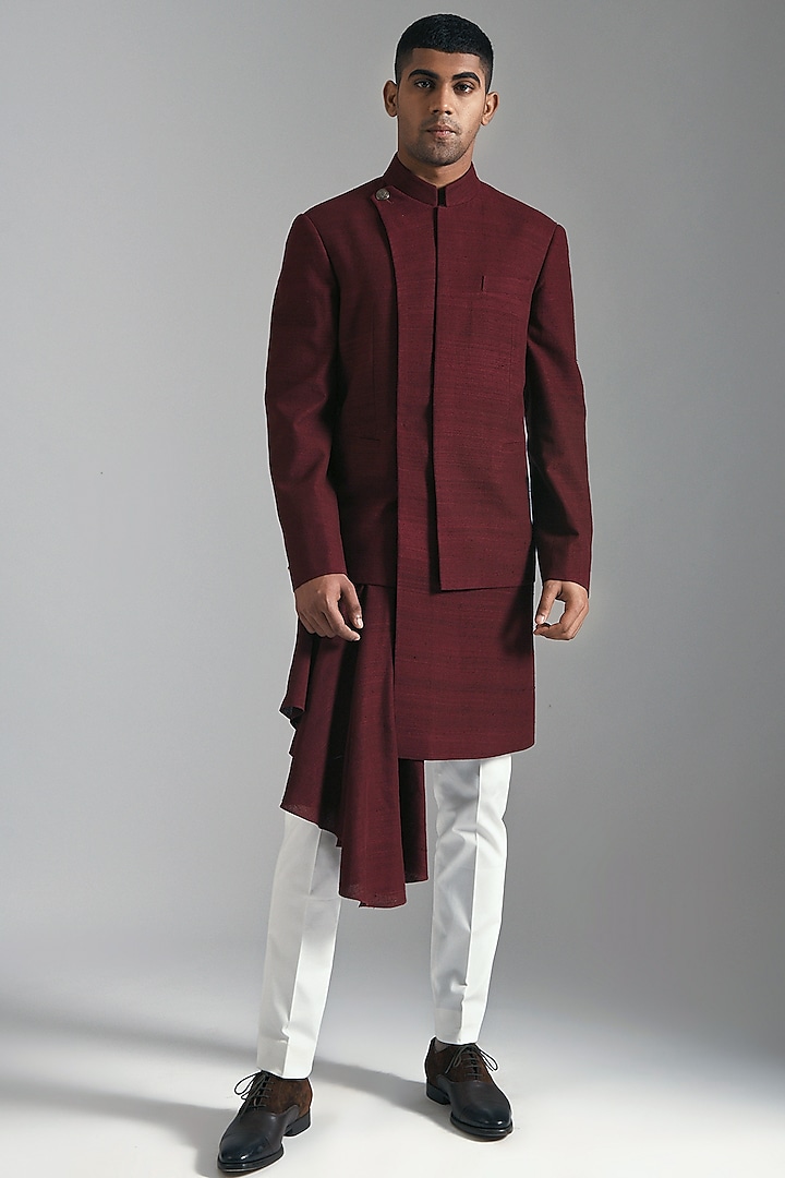 Maroon Silk Layered Indowestern With White Trousers by Dhruv Vaish