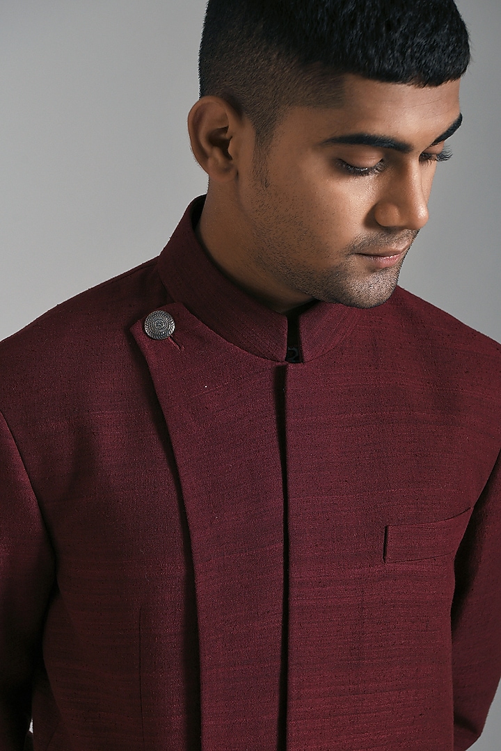 Maroon Silk Layered Wedding Indowestern Set by Dhruv Vaish at Pernia's Pop Up Shop