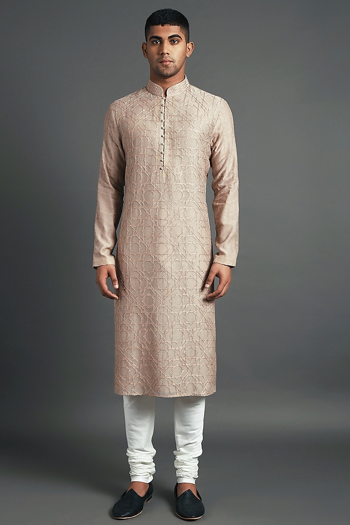 Beige & White Embroidered Kurta Set by Dhruv Vaish