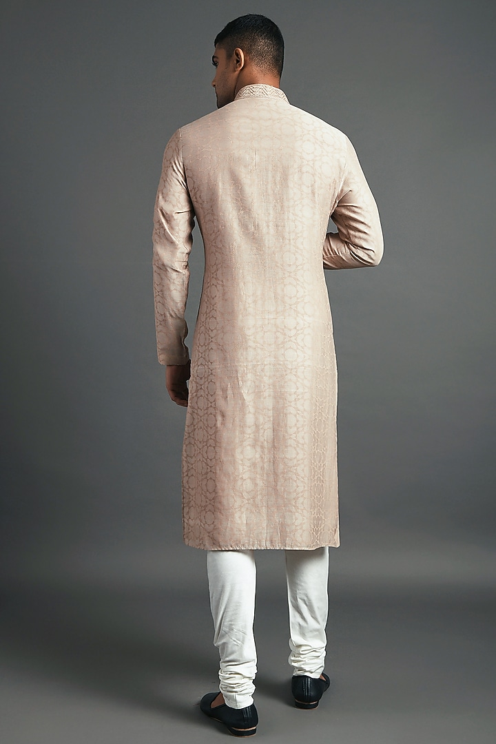 Beige Cotton Silk Chanderi Hand Embroidered Kurta Set by Dhruv Vaish at Pernia's Pop Up Shop