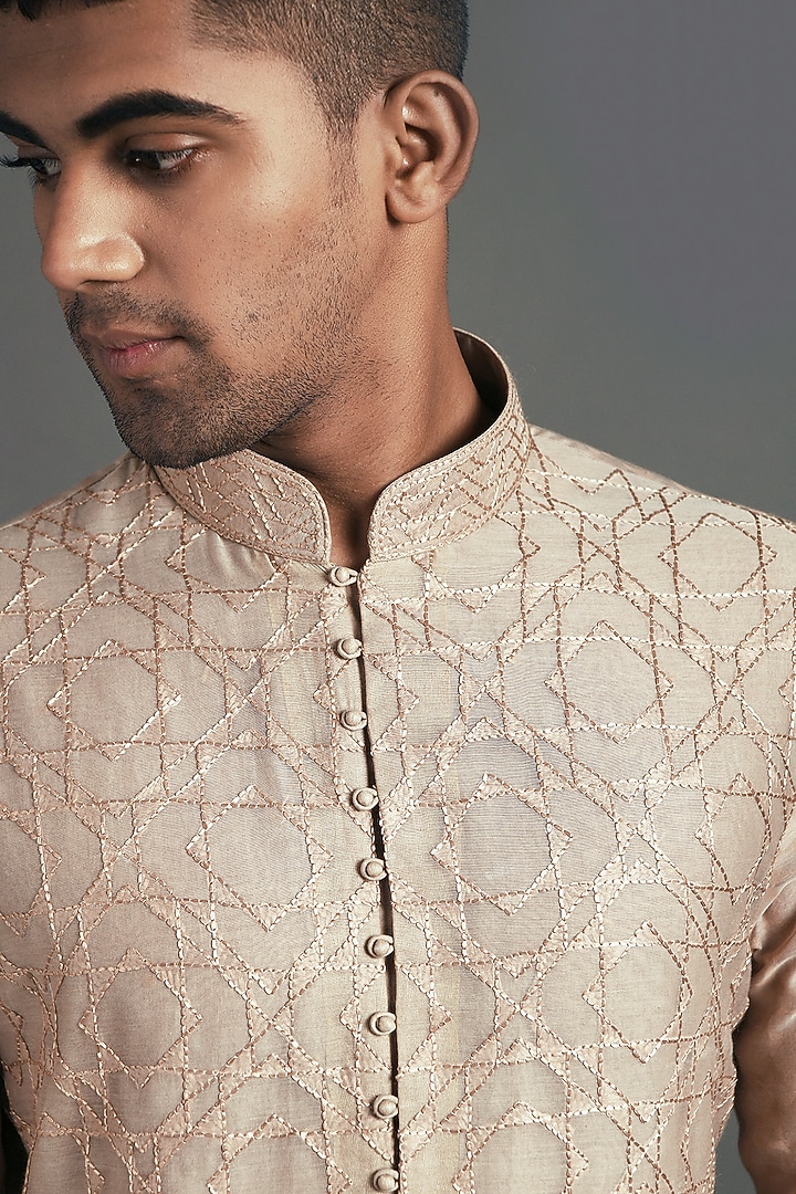 Beige Cotton Silk Chanderi Hand Embroidered Kurta Set by Dhruv Vaish at Pernia's Pop Up Shop