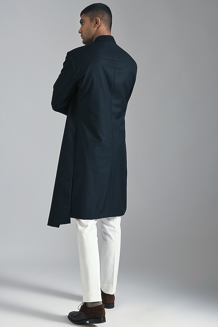 Black Terry Wool Asymmetric Paneled Wedding Indowestern Set by Dhruv Vaish at Pernia's Pop Up Shop