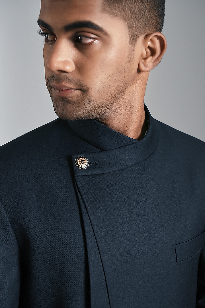 Black Terry Wool Asymmetric Paneled Wedding Indowestern Set by Dhruv Vaish at Pernia's Pop Up Shop
