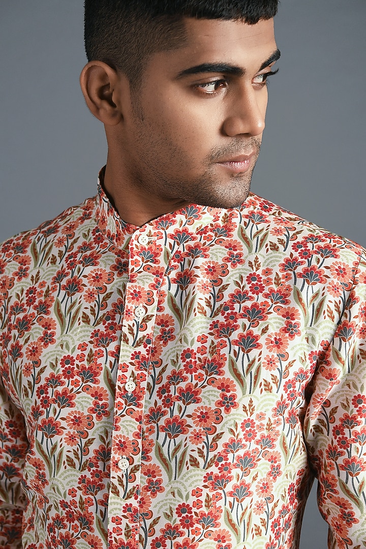 Ruby & Cream Cotton Silk Printed Kurta Set by Dhruv Vaish at Pernia's Pop Up Shop