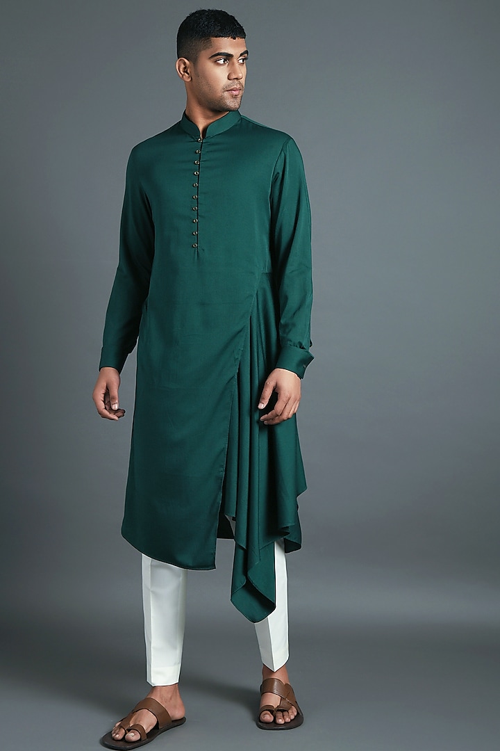 Bottle Green & White Kurta Set by Dhruv Vaish