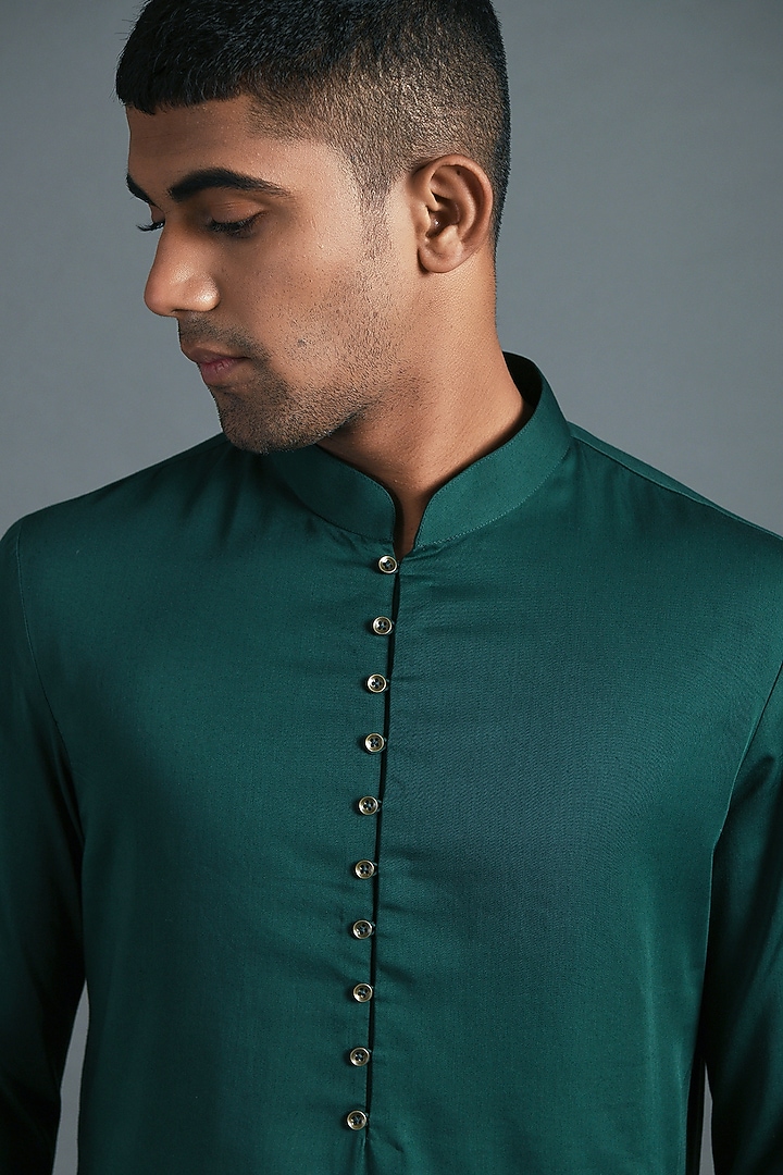 Bottle Green Cotton Satin Kurta Set by Dhruv Vaish at Pernia's Pop Up Shop