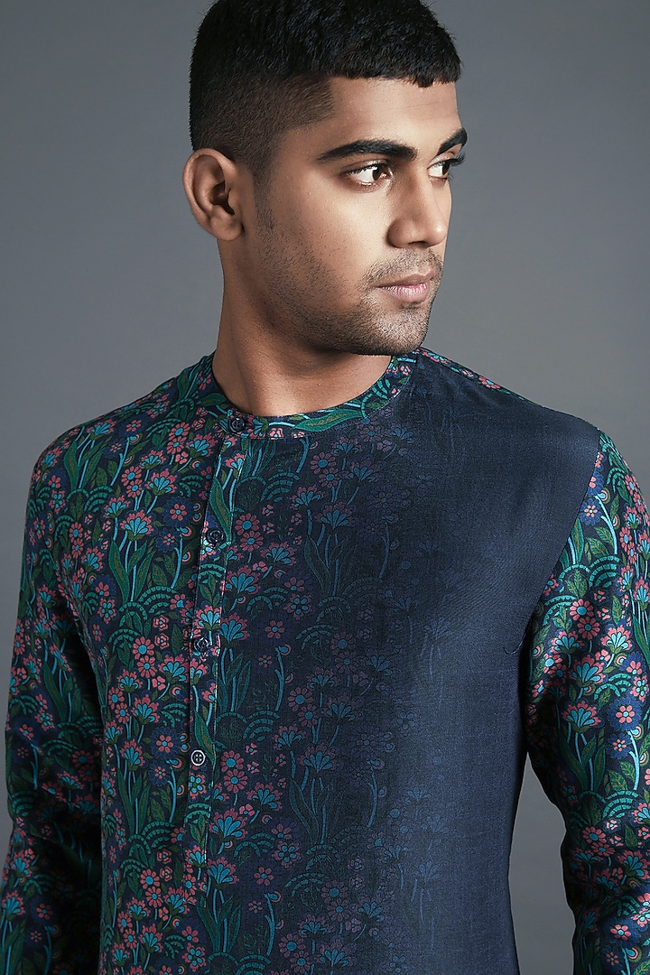Indigo Blue Cotton Silk Chanderi Printed Kurta Set by Dhruv Vaish at Pernia's Pop Up Shop