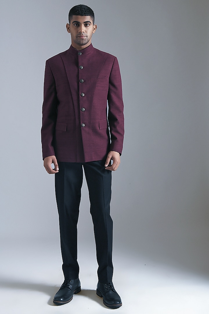 Merlot Silk Bandhgala Jacket by Dhruv Vaish at Pernia's Pop Up Shop