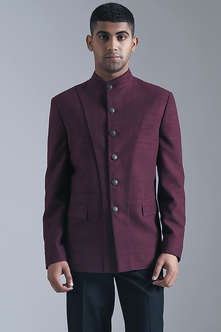 Merlot Silk Wedding Bandhgala Jacket by Dhruv Vaish at Pernia's Pop Up Shop