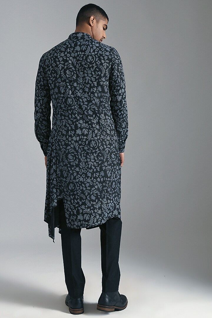 Black Cotton Satin Printed Kurta Set by Dhruv Vaish at Pernia's Pop Up Shop