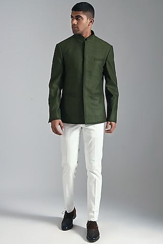 Olive Green Textured Cotton Silk Bandhgala Jacket by Dhruv Vaish