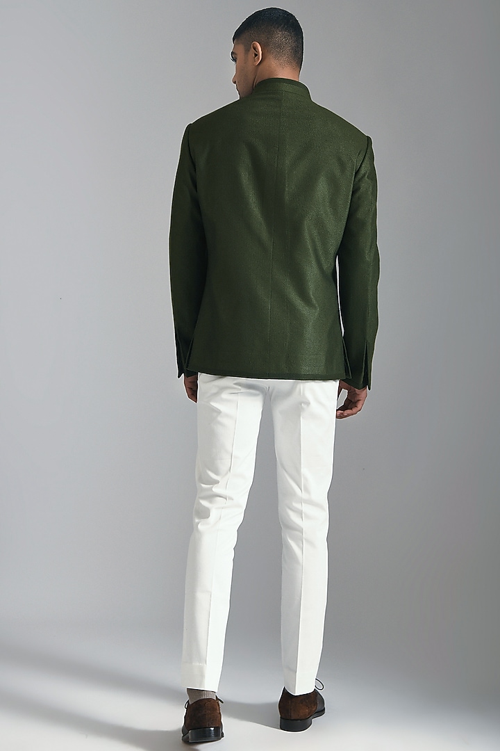 Olive Green Textured Cotton Silk Wedding Bandhgala Jacket by Dhruv Vaish at Pernia's Pop Up Shop