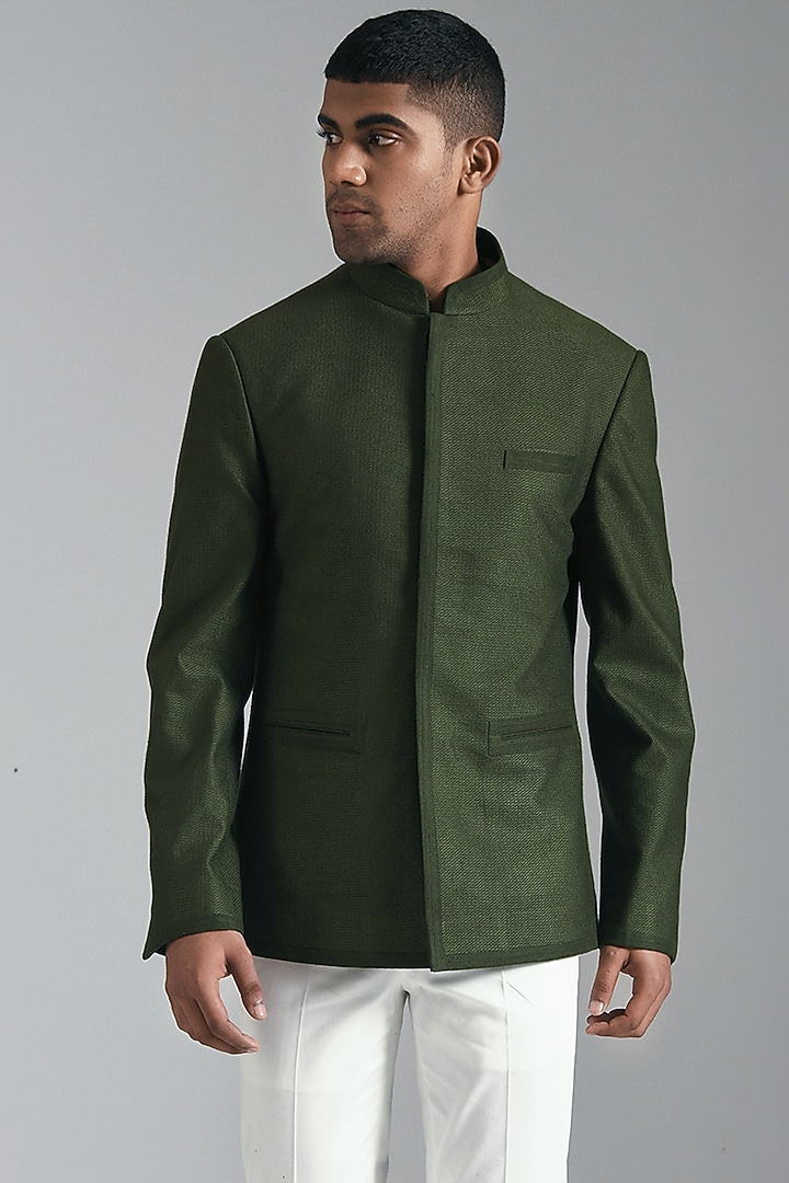 Olive Green Textured Cotton Silk Wedding Bandhgala Jacket by Dhruv Vaish at Pernia's Pop Up Shop