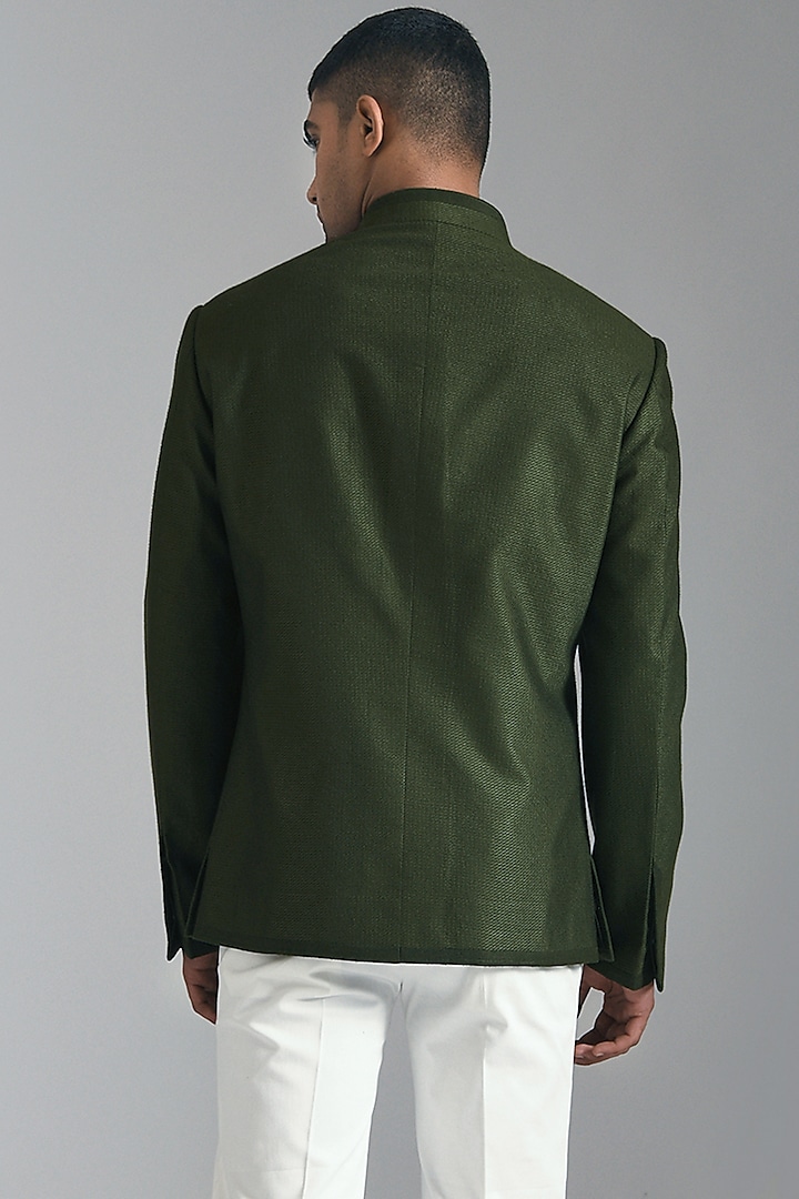 Olive Green Textured Cotton Silk Wedding Bandhgala Jacket by Dhruv Vaish at Pernia's Pop Up Shop
