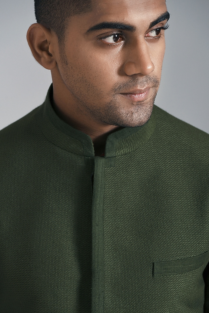 Olive Green Textured Cotton Silk Wedding Bandhgala Jacket by Dhruv Vaish at Pernia's Pop Up Shop