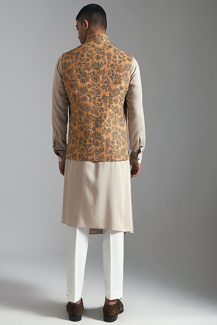 Ochre Yellow Silk Embroidered Nehru Jacket by Dhruv Vaish at Pernia's Pop Up Shop