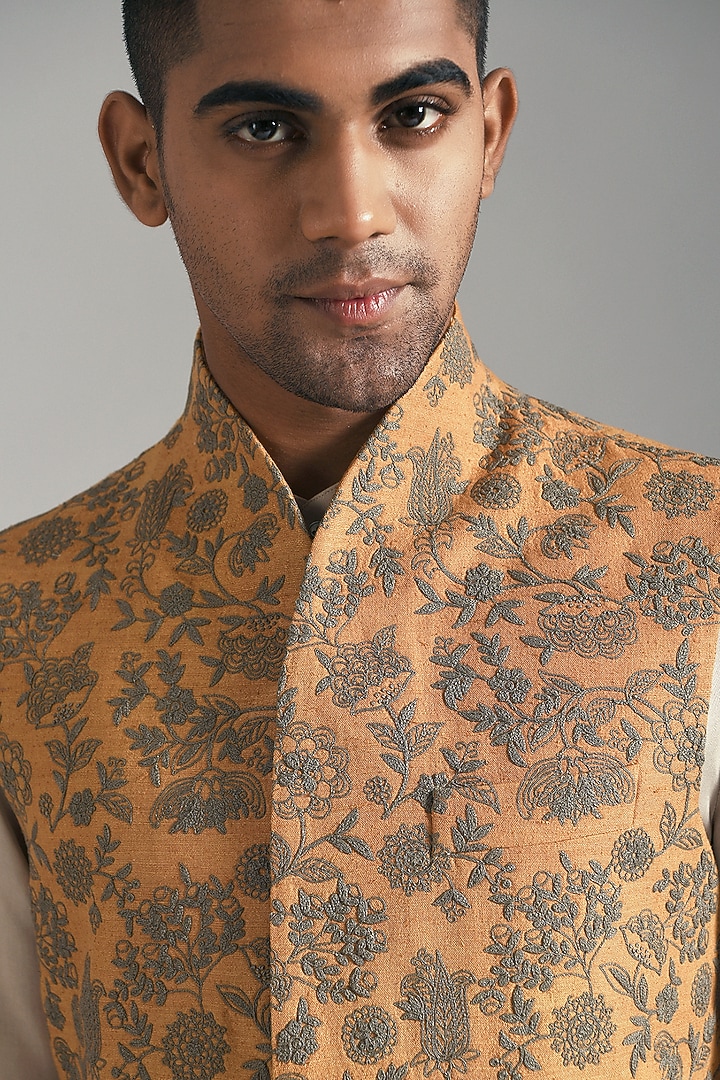 Ochre Yellow Silk Embroidered Nehru Jacket by Dhruv Vaish at Pernia's Pop Up Shop