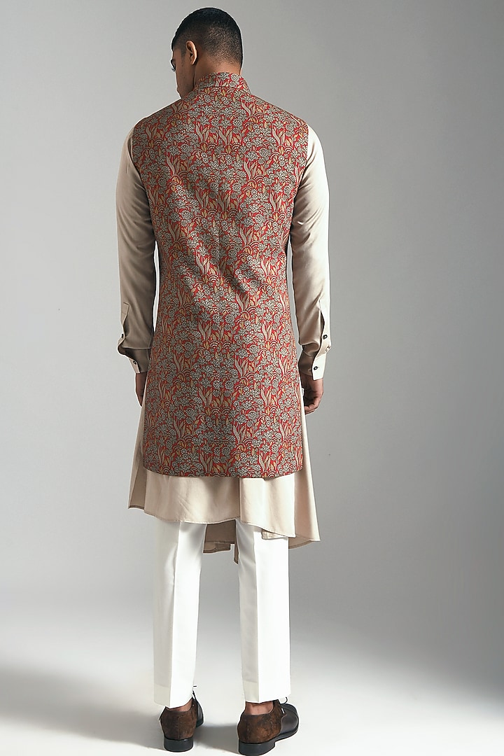 Berry Chrome Textured Cotton Silk Printed Nehru Jacket by Dhruv Vaish at Pernia's Pop Up Shop