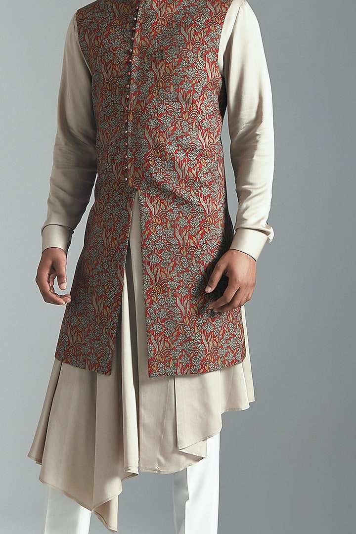 Berry Chrome Textured Cotton Silk Printed Nehru Jacket by Dhruv Vaish at Pernia's Pop Up Shop
