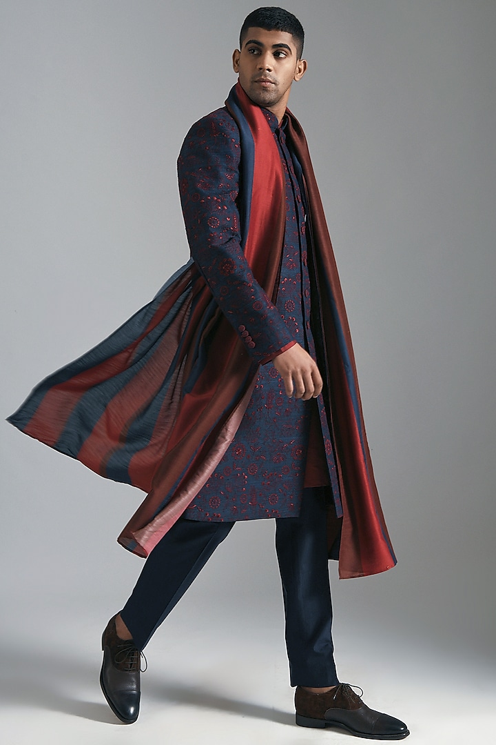 Navy Blue & Ruby Striped Stole by Dhruv Vaish