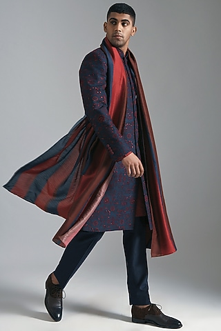 Navy Blue & Ruby Chanderi Striped Stole by Dhruv Vaish