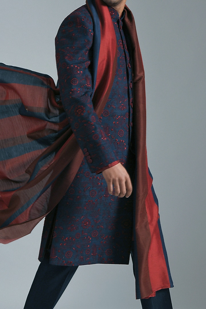 Navy Blue & Ruby Chanderi Striped Stole by Dhruv Vaish at Pernia's Pop Up Shop
