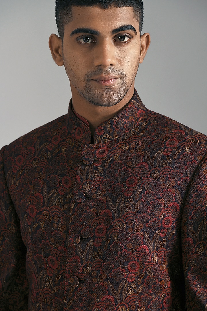 Ruby Textured Cotton Silk Printed Wedding Sherwani by Dhruv Vaish at Pernia's Pop Up Shop