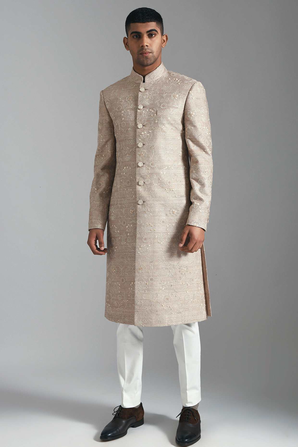 Taupe Embroidered Groom Sherwani Set by Dhruv Vaish at Pernia's Pop Up Shop