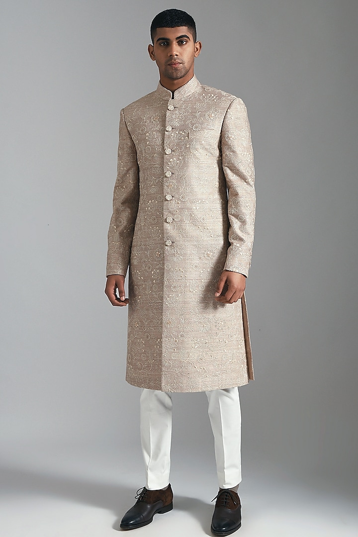 Taupe Embroidered Sherwani Set by Dhruv Vaish