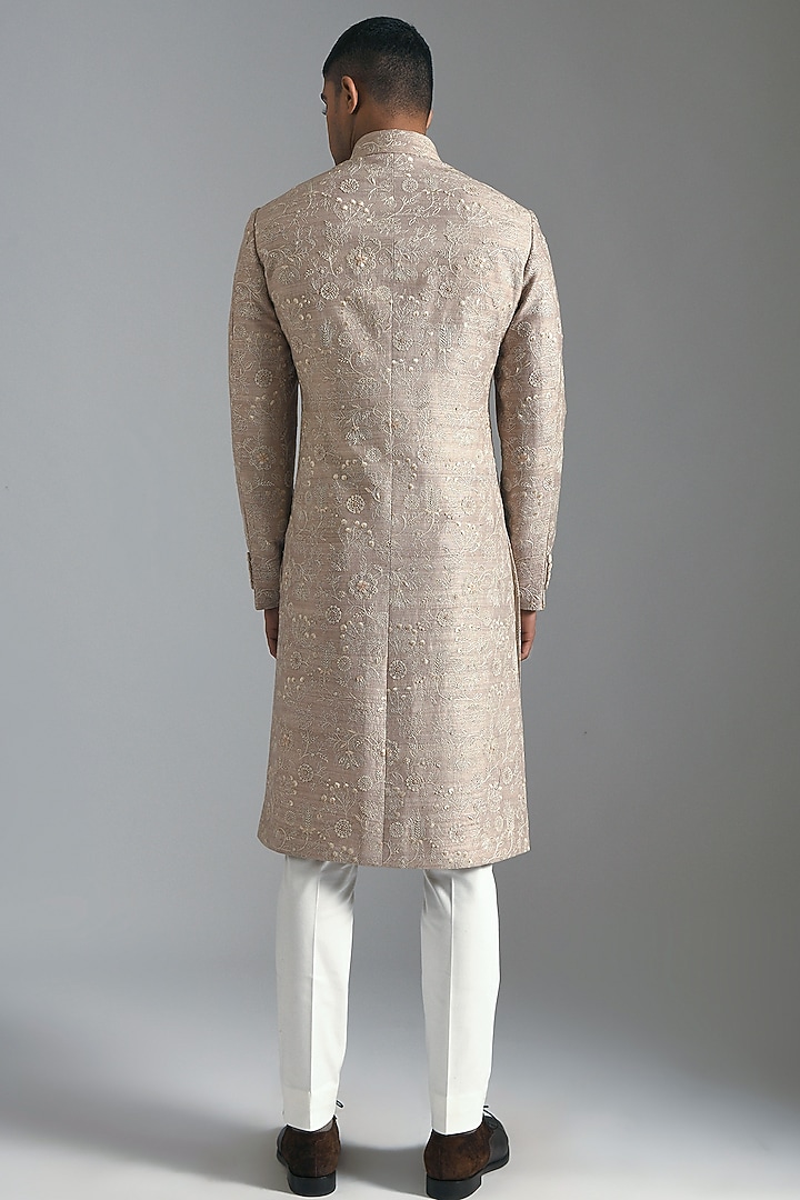 Taupe Silk Hand Embroidered Groom Sherwani Set by Dhruv Vaish at Pernia's Pop Up Shop